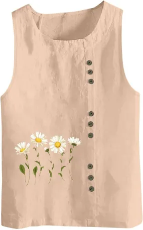 Tank Tops Women Trendy Printed Cotton Linen Blouses Casual Round Neck Sleeveless Shirts Summer Beach Shirt