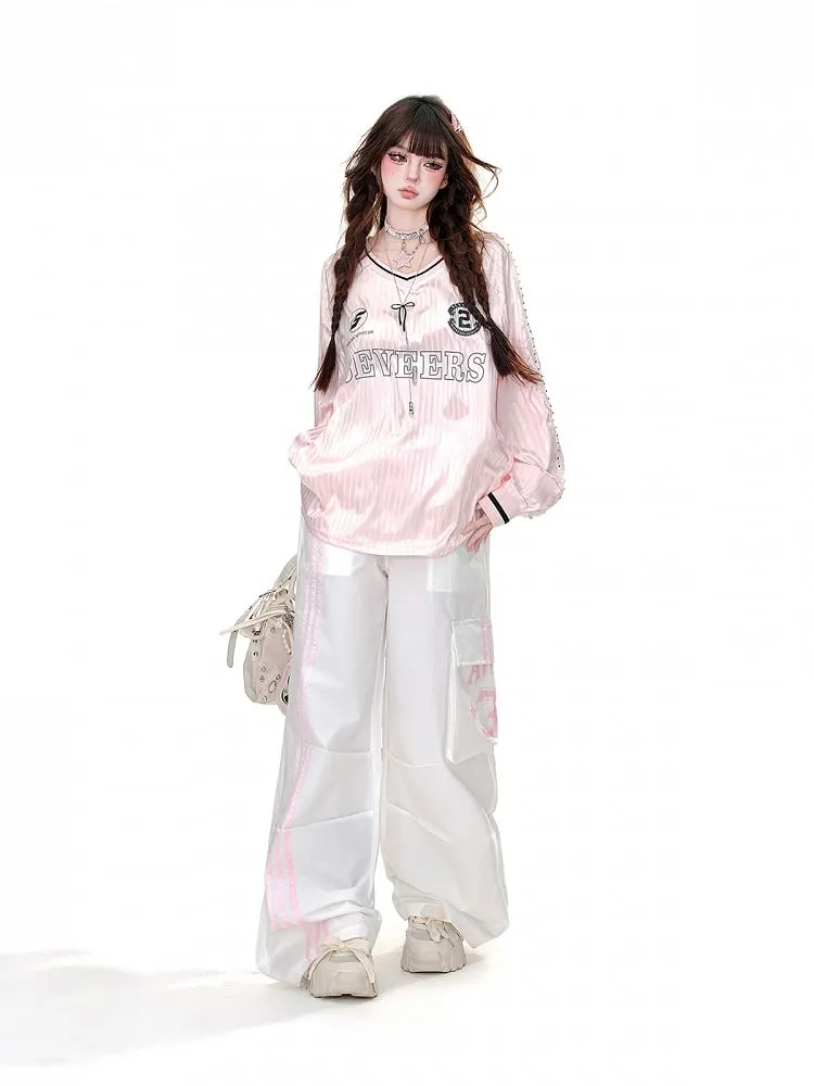White Drawstring Waist Cargo Pockets Loose Straight-Leg Pants