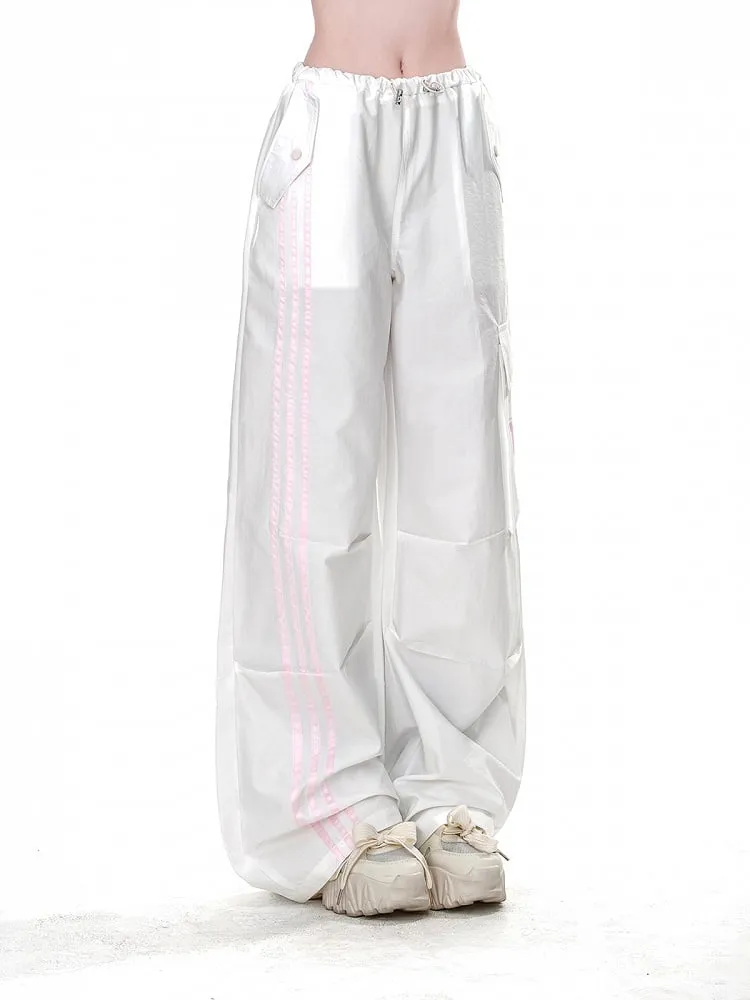 White Drawstring Waist Cargo Pockets Loose Straight-Leg Pants