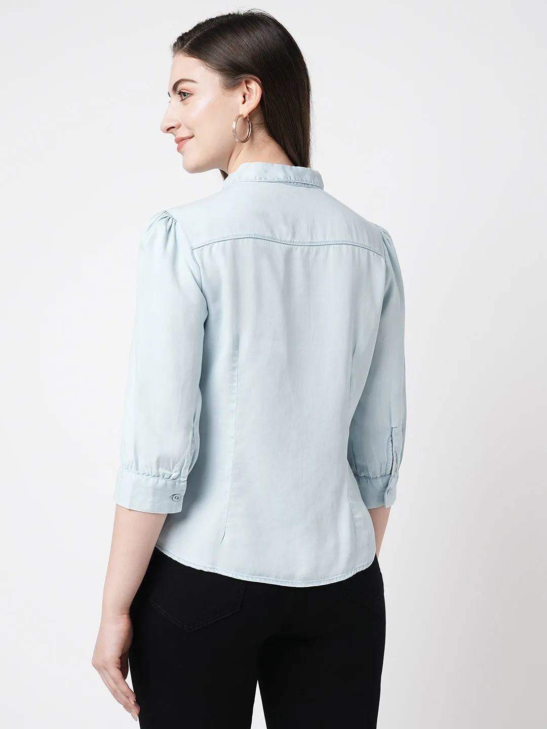 Women Light Blue Solid Three-Quarter Sleeves Shirts