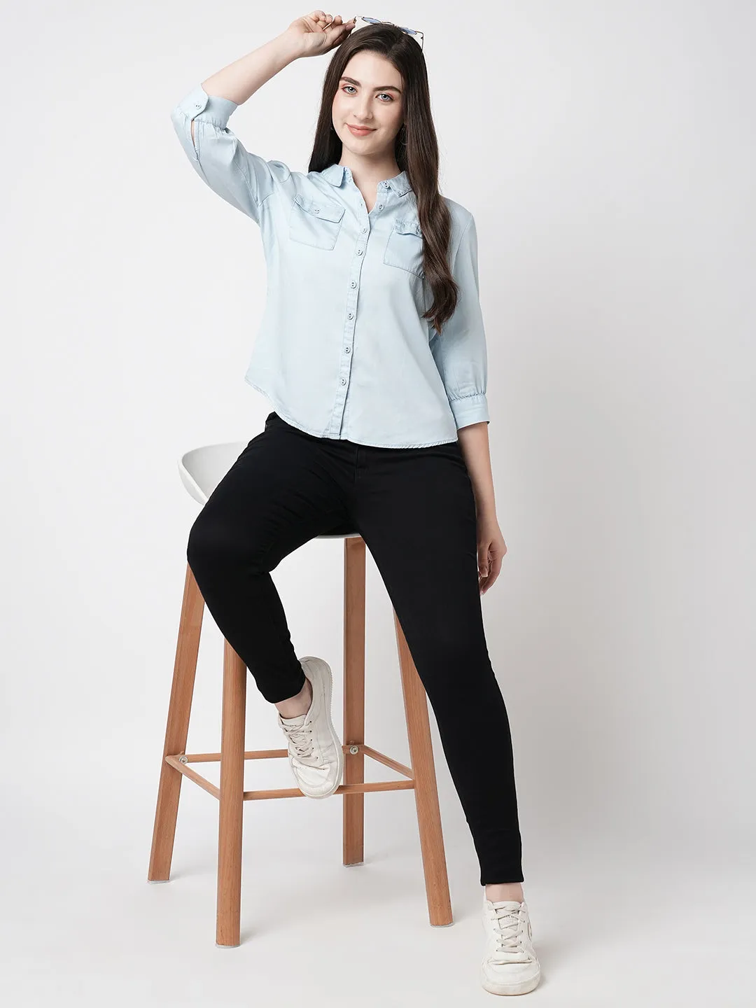 Women Light Blue Solid Three-Quarter Sleeves Shirts