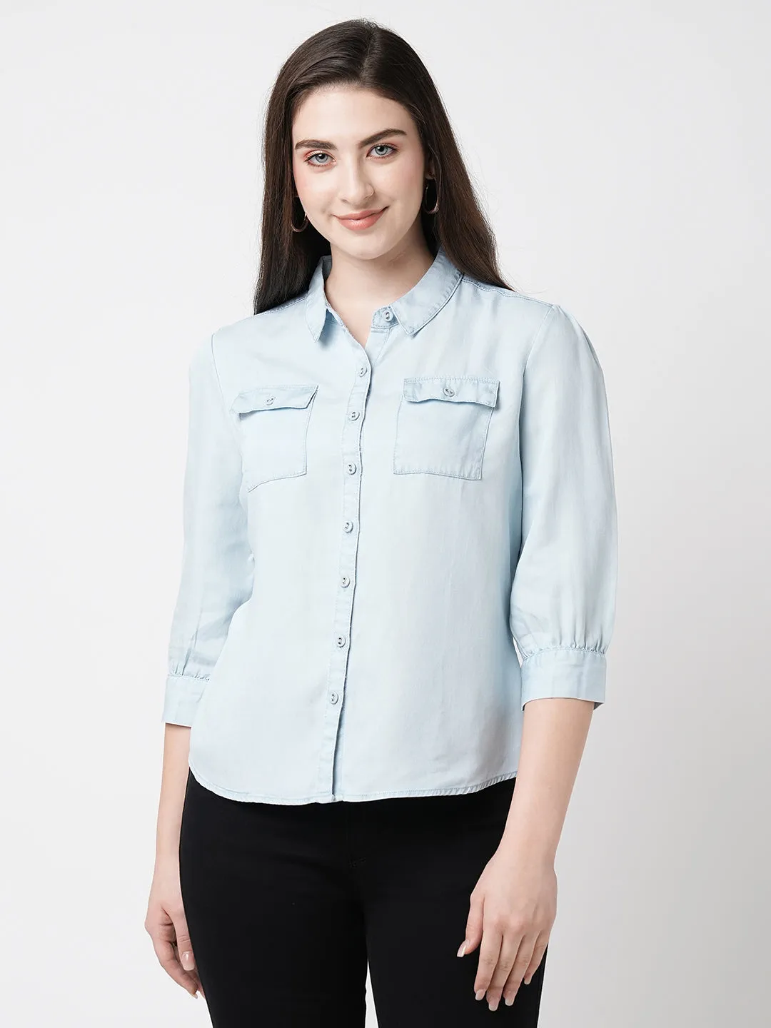 Women Light Blue Solid Three-Quarter Sleeves Shirts