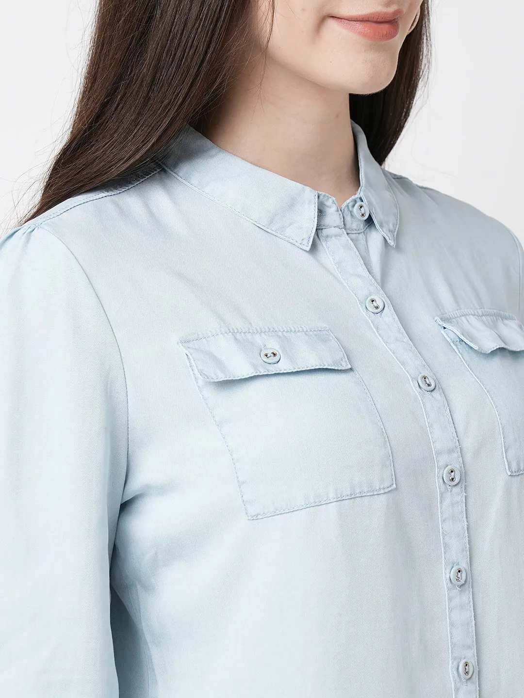 Women Light Blue Solid Three-Quarter Sleeves Shirts