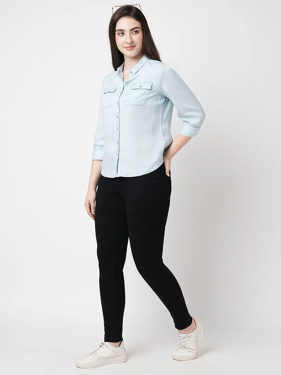 Women Light Blue Solid Three-Quarter Sleeves Shirts