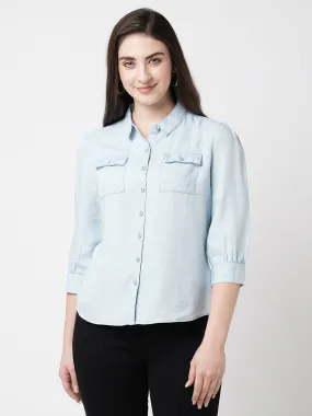 Women Light Blue Solid Three-Quarter Sleeves Shirts