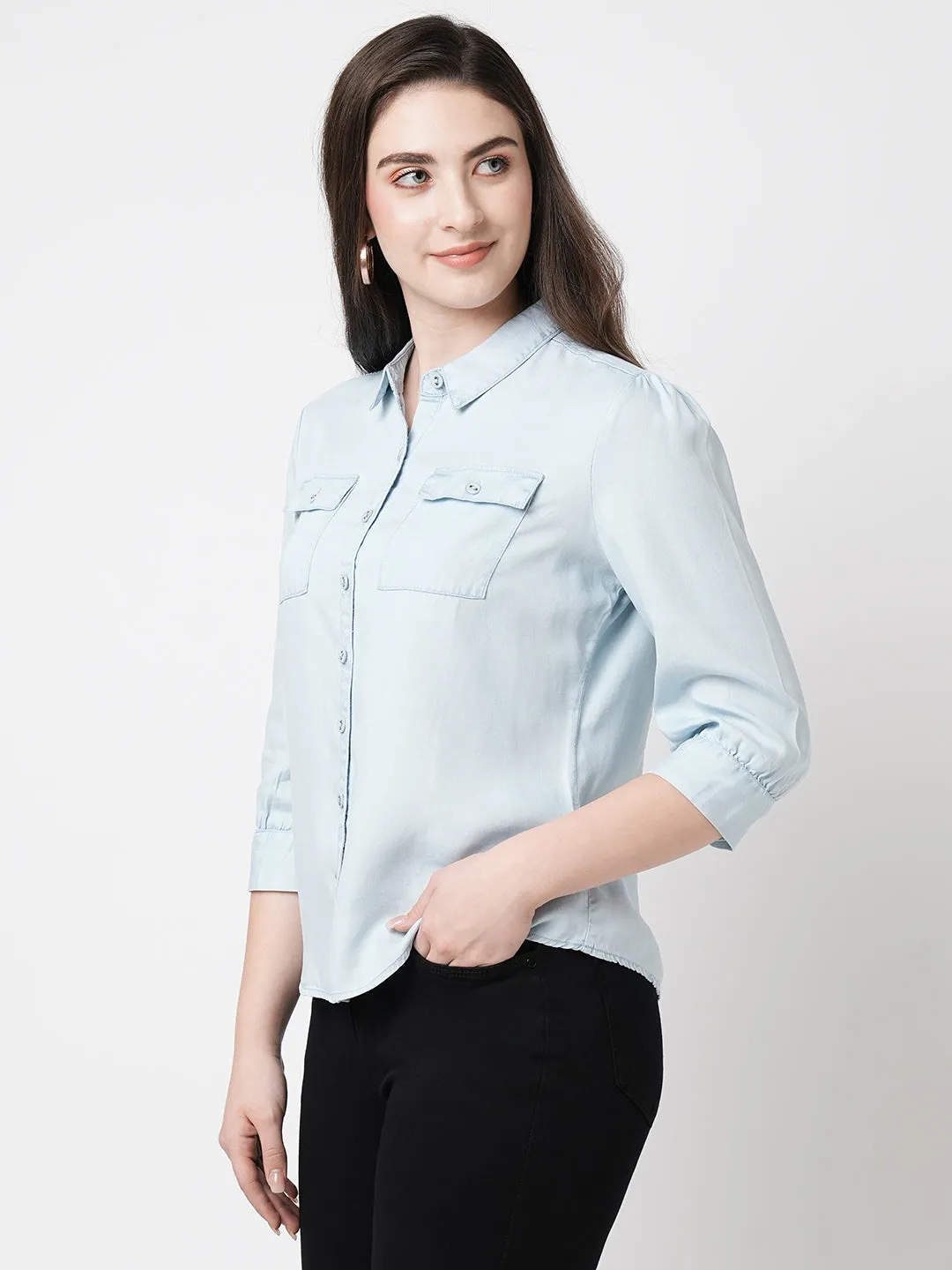 Women Light Blue Solid Three-Quarter Sleeves Shirts