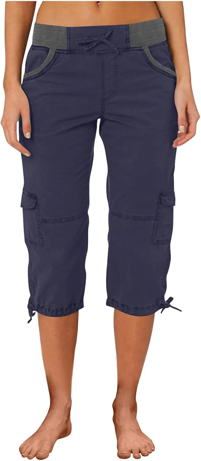 Women's Cargo Capris Relaxed Fit Low Waist Cargo Capri Pant Summer Casual Lightweight Lounge Cropped Trousers Pockets
