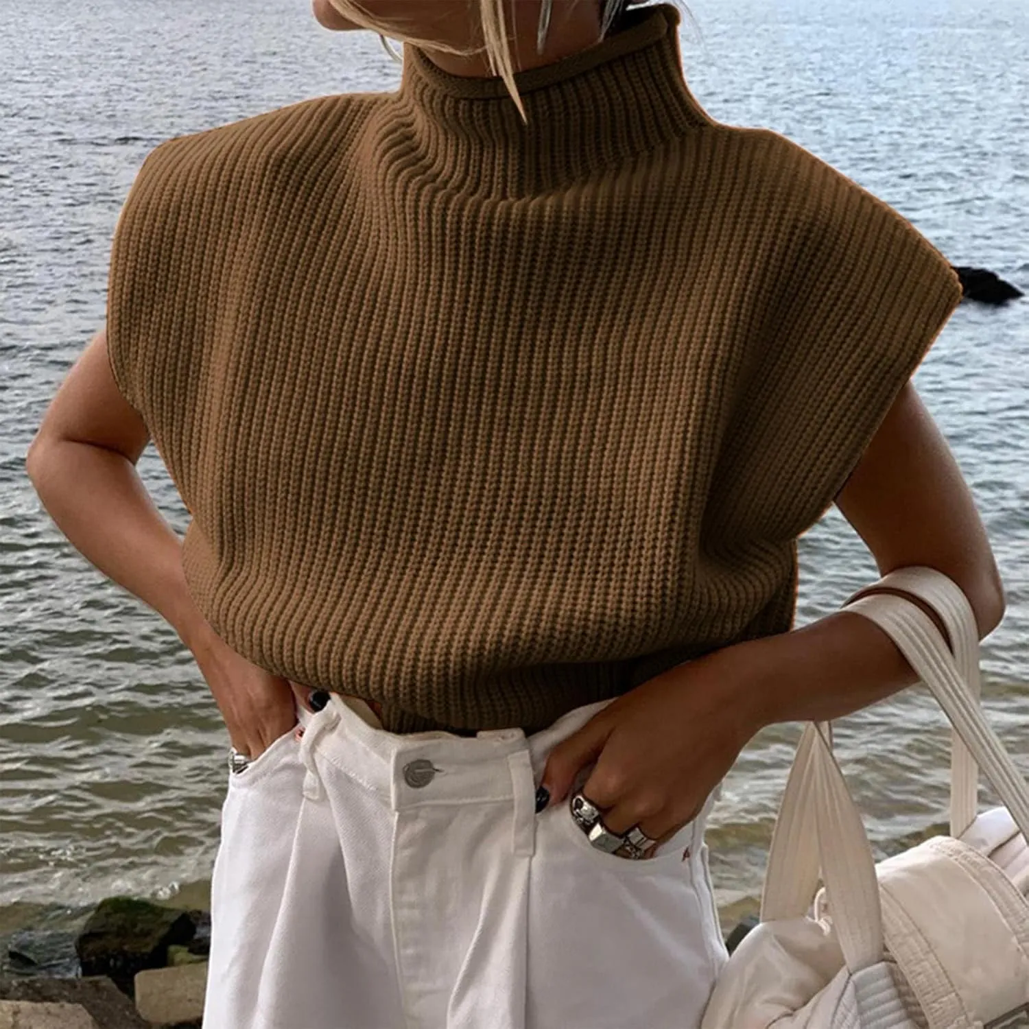 Women's Casual Solid Color Sleeveless High Neck Pullover Sweaters Autumn Winter Soft Cozy Oversize Loose Fit Knit Sweatshirts