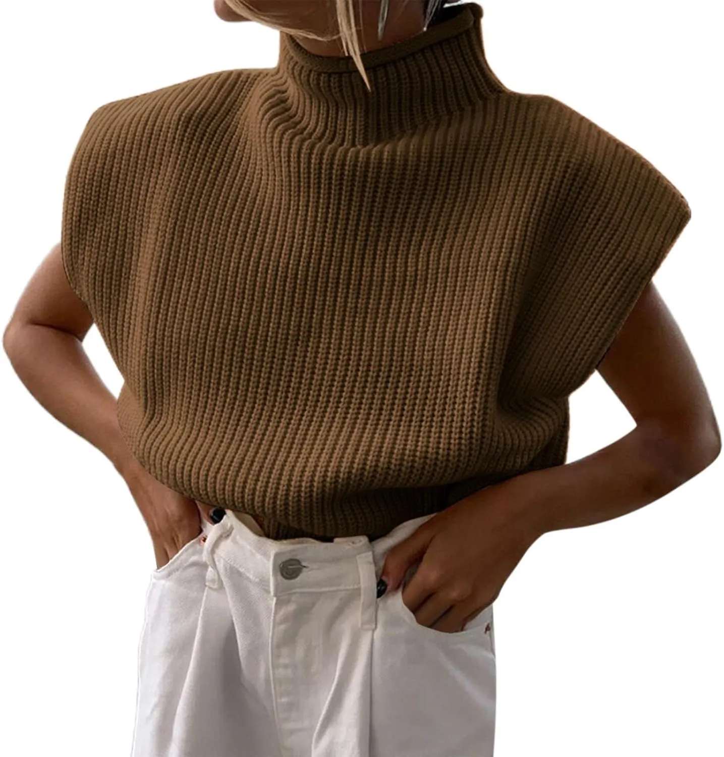 Women's Casual Solid Color Sleeveless High Neck Pullover Sweaters Autumn Winter Soft Cozy Oversize Loose Fit Knit Sweatshirts