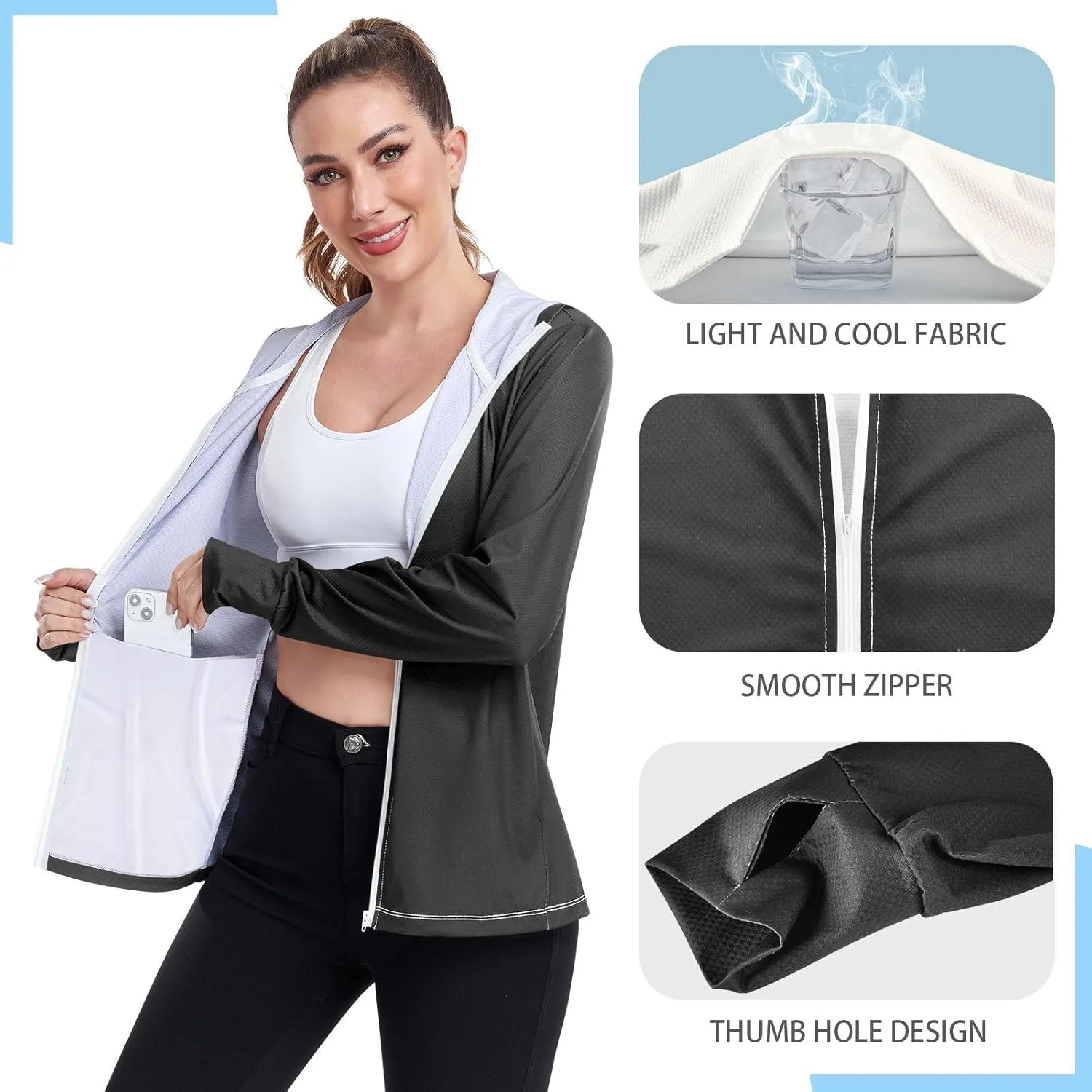 Womens Lightweight Hoodie Long Sleeve Sun Shirts UPF 50  Protection Light Sweatshirt Hiking Outdoor
