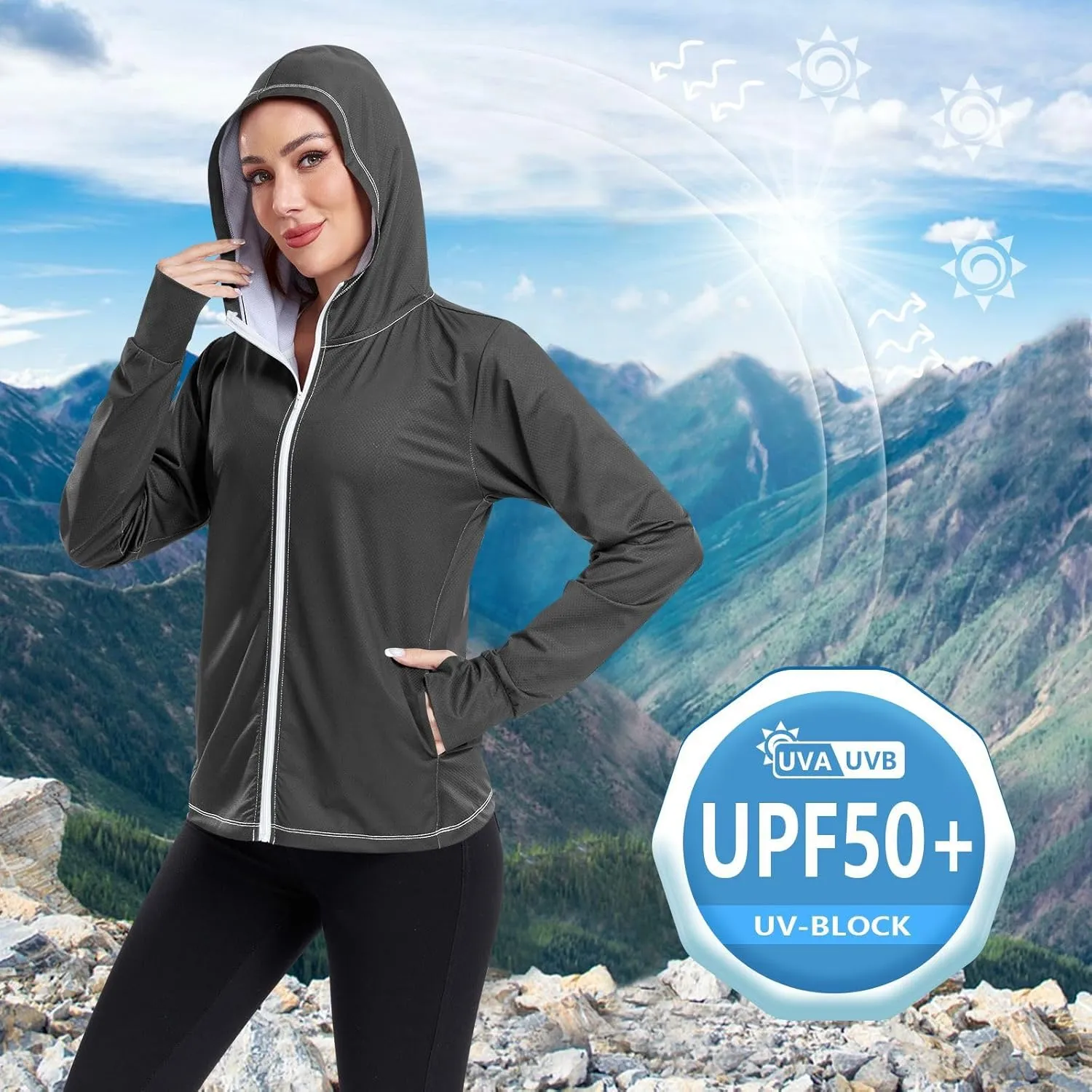 Womens Lightweight Hoodie Long Sleeve Sun Shirts UPF 50  Protection Light Sweatshirt Hiking Outdoor