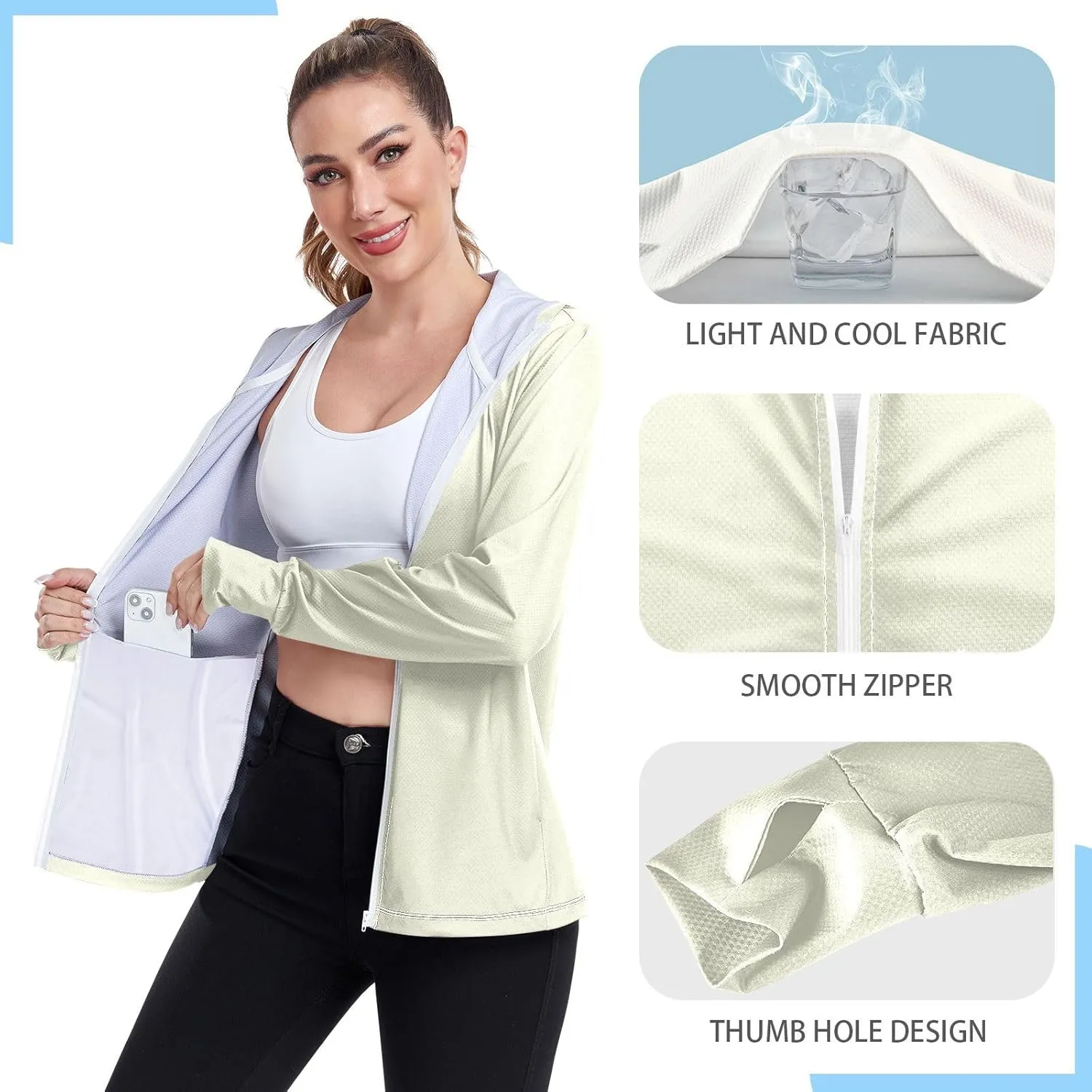 Womens Lightweight Hoodie Long Sleeve Sun Shirts UPF 50  Protection Light Sweatshirt Hiking Outdoor