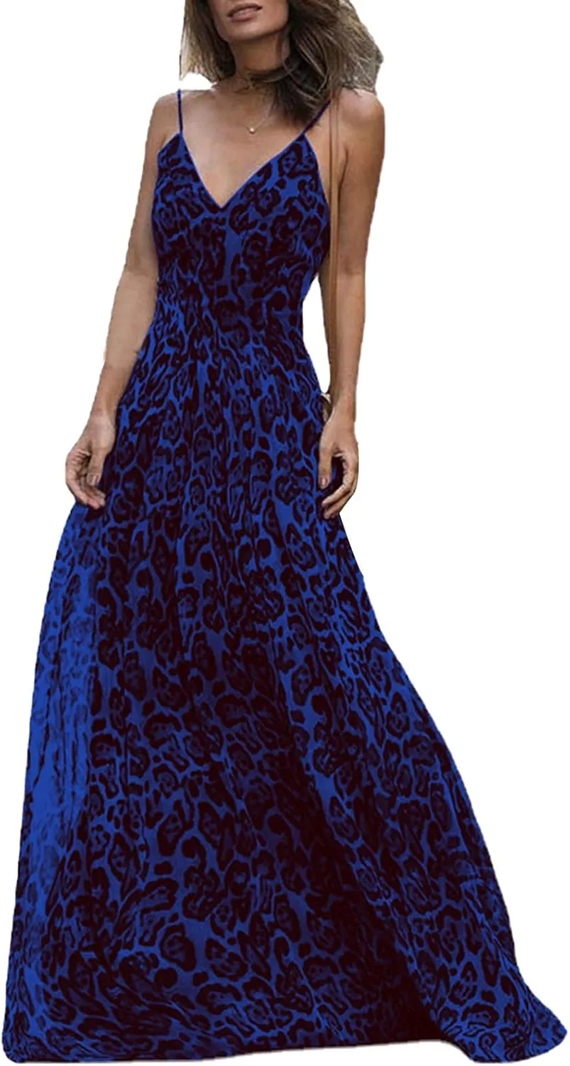 Women's Maxi Dress Spaghetti Strap Sleeveless V Neck Dress Leopard Printed Elegant Dresses Cocktail Party Dresses