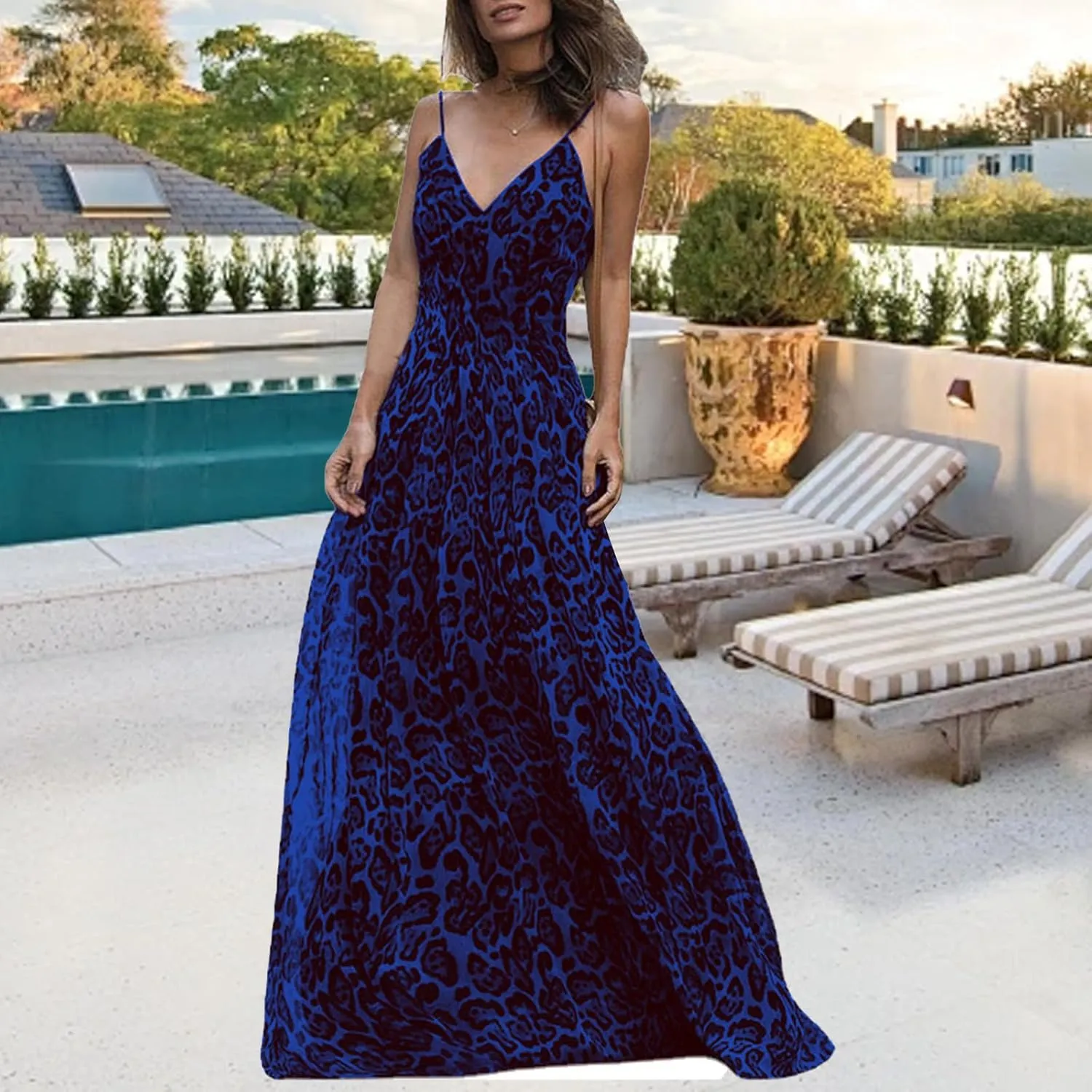 Women's Maxi Dress Spaghetti Strap Sleeveless V Neck Dress Leopard Printed Elegant Dresses Cocktail Party Dresses