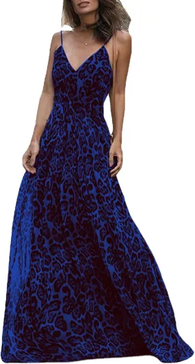 Women's Maxi Dress Spaghetti Strap Sleeveless V Neck Dress Leopard Printed Elegant Dresses Cocktail Party Dresses