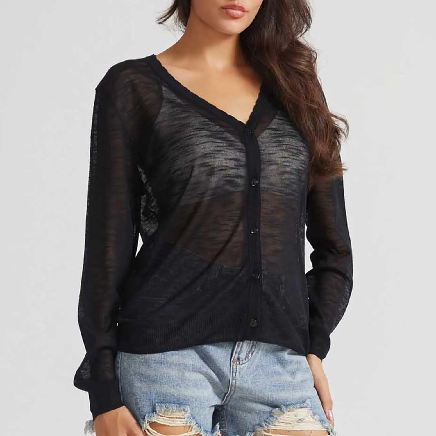 Women's Sheer Sun Protection Jacket Lightweight Long Sleeve Sun Shirt Breathable See Through Button Down Tops