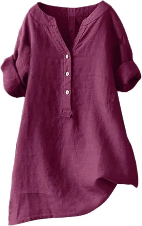 Womens Short Sleeve Linen Shirts Casual Crewneck Soft T Shirts Embroidery Loose Fit Summer Tshirt