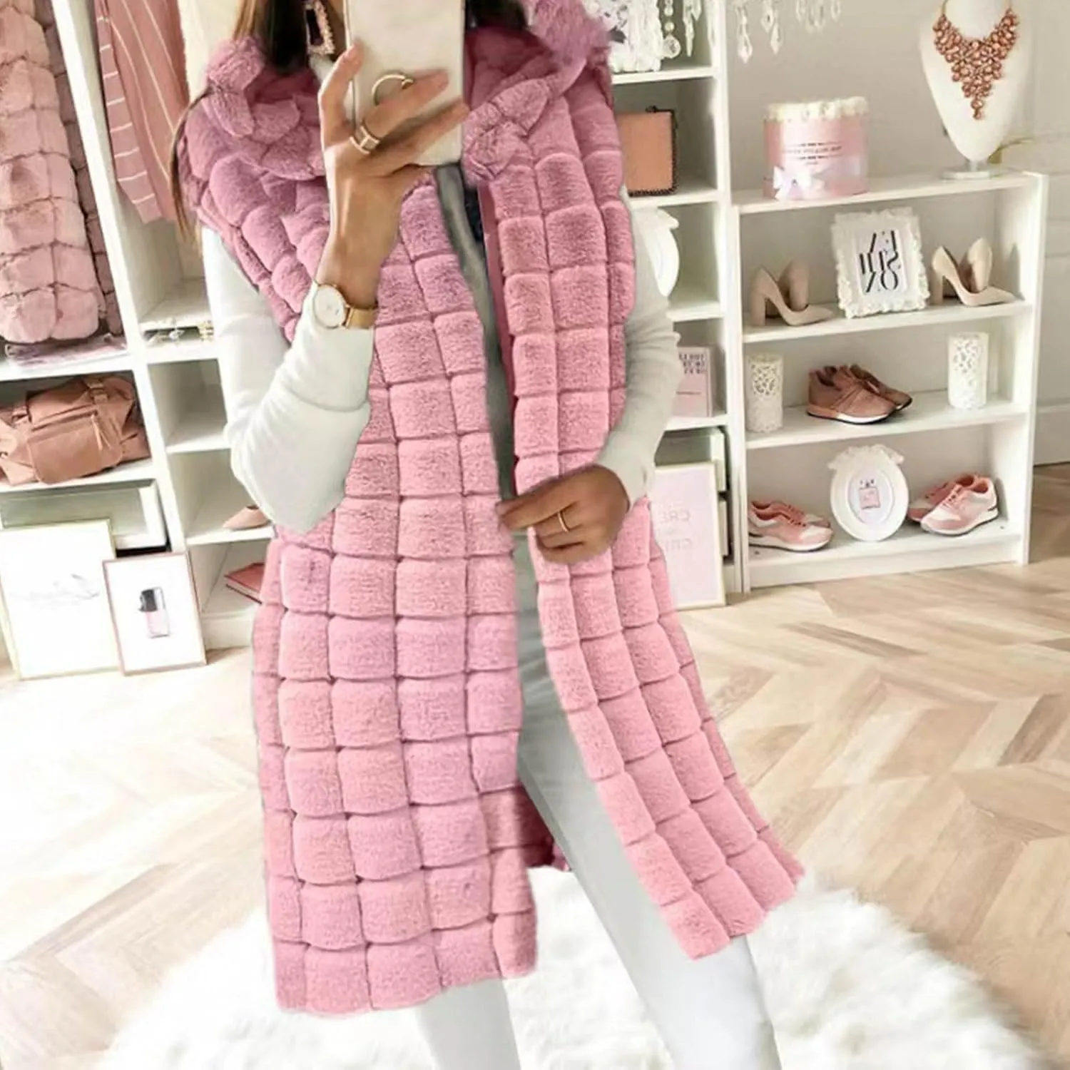 XUNRYAN Winter Faux-Fur Jackets Women Sleeveless Vest Long Fluffy Coat Hooded Fuzzy Casual Warm Outerwear Fashion Clothes