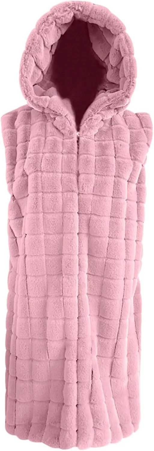 XUNRYAN Winter Faux-Fur Jackets Women Sleeveless Vest Long Fluffy Coat Hooded Fuzzy Casual Warm Outerwear Fashion Clothes