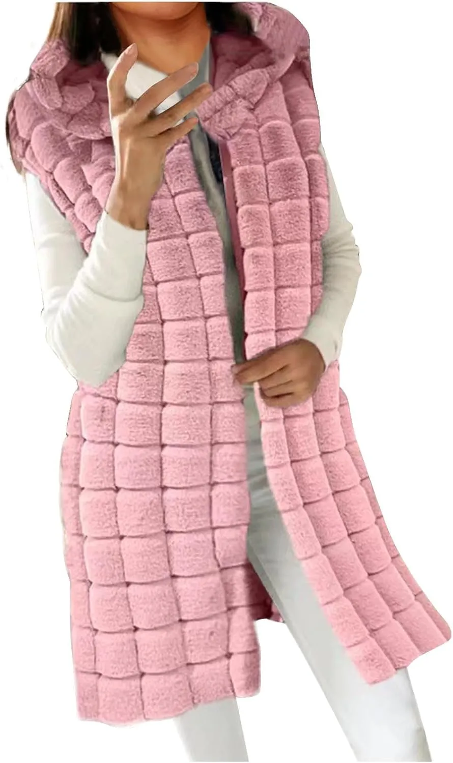 XUNRYAN Winter Faux-Fur Jackets Women Sleeveless Vest Long Fluffy Coat Hooded Fuzzy Casual Warm Outerwear Fashion Clothes