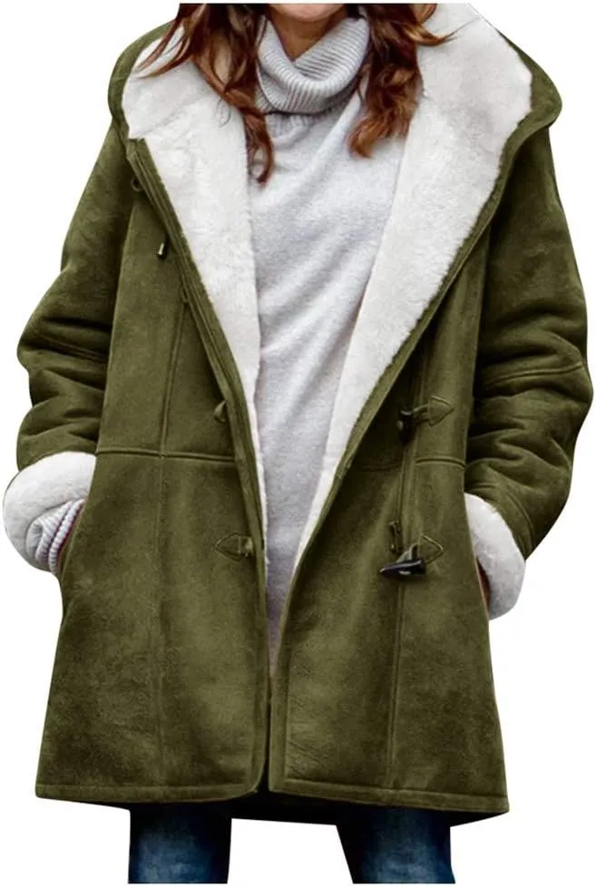 XUNRYAN Womens Winter Warm Coat with Hood Plus Size Suede Leather Sherpa Jackets Fleece Plush Hoodie Jackets Outerwear