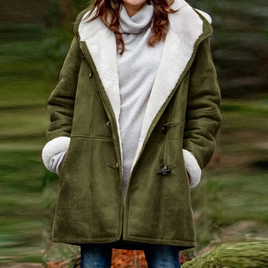 XUNRYAN Womens Winter Warm Coat with Hood Plus Size Suede Leather Sherpa Jackets Fleece Plush Hoodie Jackets Outerwear