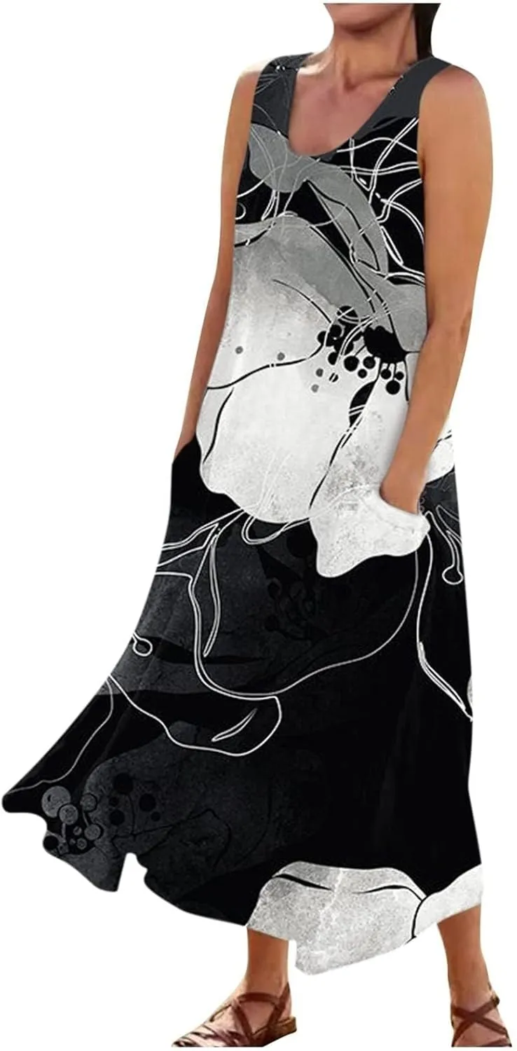 ZYXTIM Summer Sundress for Women 2024 Beach Floral Printed Sleeveless Flowy Dresses with Pockets Vintage Cute Vacation Outfit