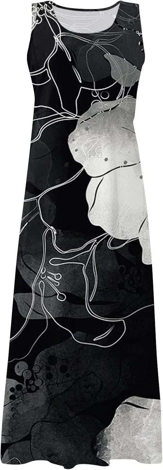 ZYXTIM Summer Sundress for Women 2024 Beach Floral Printed Sleeveless Flowy Dresses with Pockets Vintage Cute Vacation Outfit